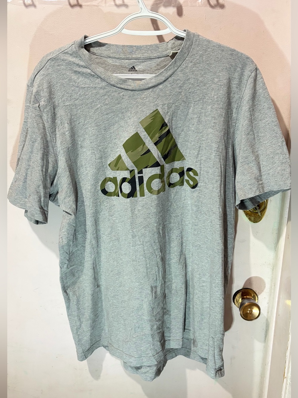 adidas Light Gray Tee with Olive Camo Logo